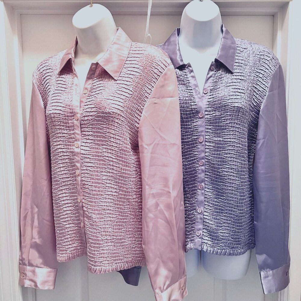 Plisse Accordion Vintage Pleated Collared Long Sleeve Button Up Blouse-Satin-L
